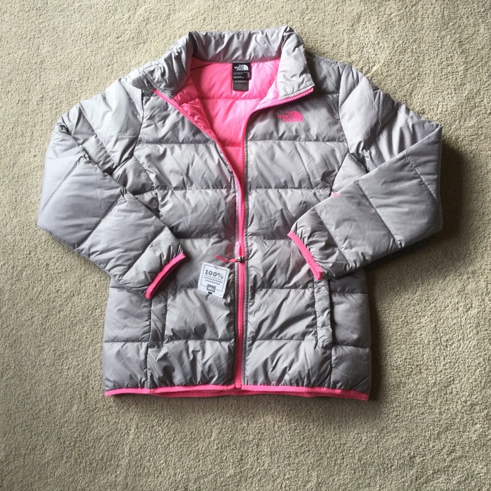 New North Face girls XL gray/pink down jacket